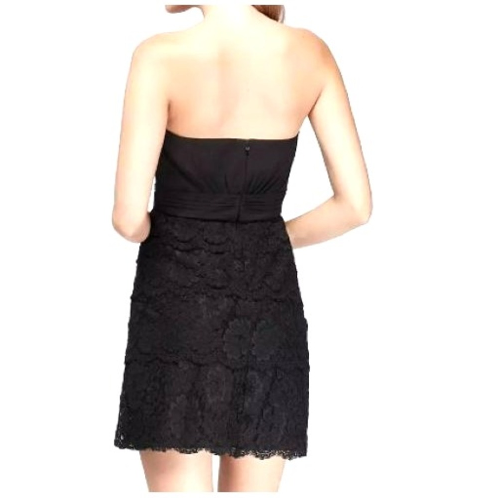 DAVID'S BRIDAL 14 Black Pleated Cocktail Mini Dress Tiered Lace Skirt Sweetheart - Picture 2 of 9